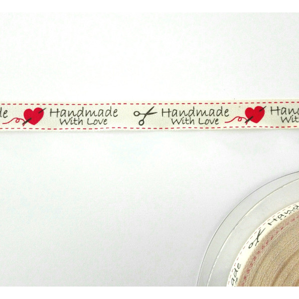 Hand Made with Love Ribbon - Cream with Red Heart